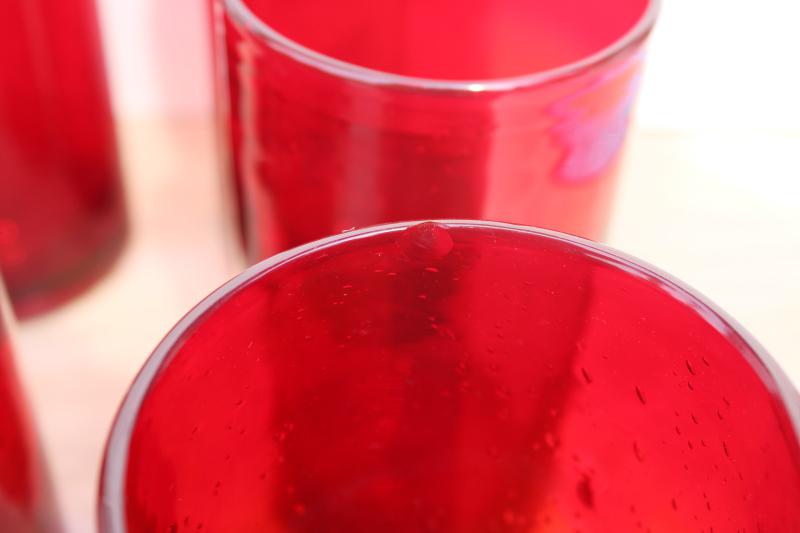 photo of ruby red bubble glass, set of 8 big tumblers, drinking glasses or hurricane candle holders #6