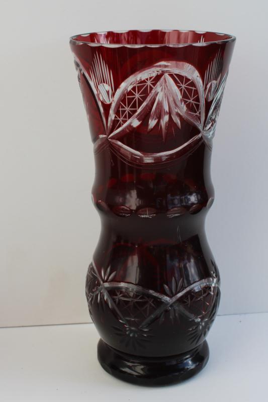 photo of ruby red cut to clear vase, vintage hand cut bohemian crystal art glass #1