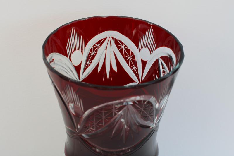 photo of ruby red cut to clear vase, vintage hand cut bohemian crystal art glass #2