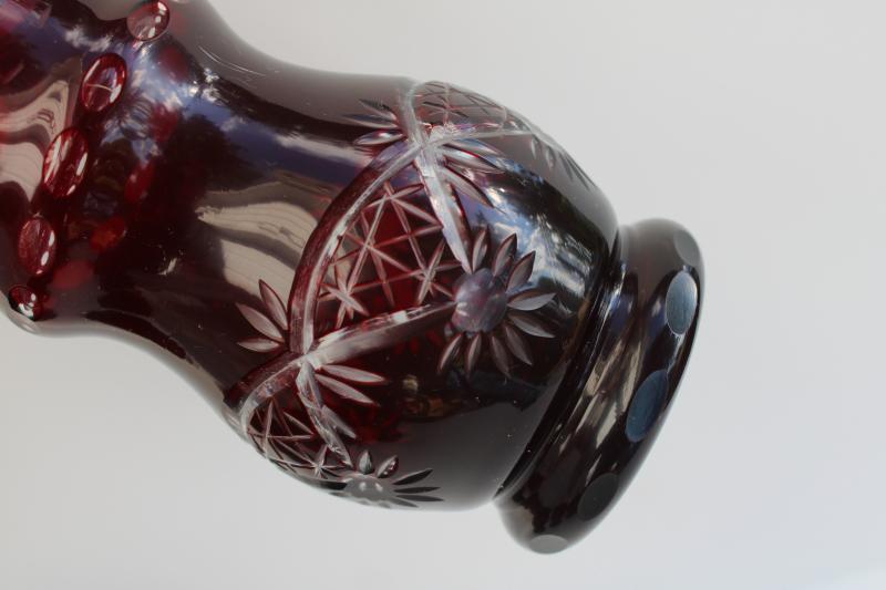 photo of ruby red cut to clear vase, vintage hand cut bohemian crystal art glass #3