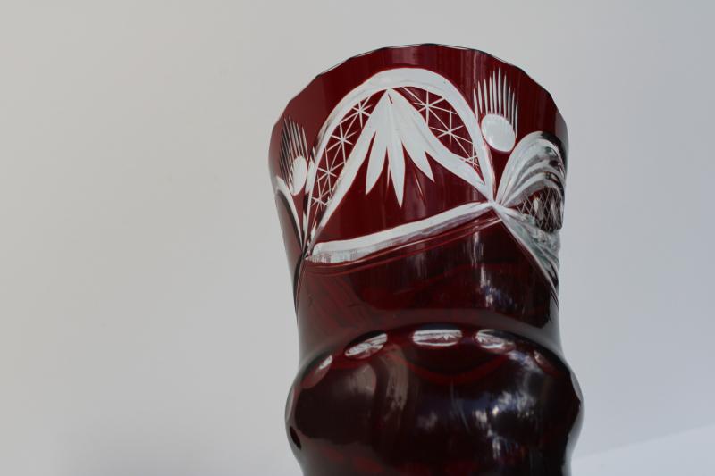 photo of ruby red cut to clear vase, vintage hand cut bohemian crystal art glass #4