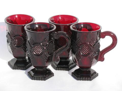 photo of ruby red glass Avon Cape Cod, 4 vintage tall cups, footed mugs #1