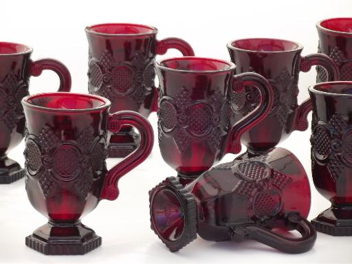 photo of ruby red glass Avon Cape Cod, 8 vintage tall cups, footed mugs #1