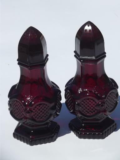 photo of ruby red glass Cape Cod pattern Avon salt & pepper shakers, S&P set #1