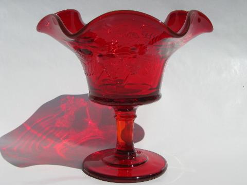 photo of ruby red glass compote bowl w/ strawberry pattern, vintage Fenton? #1