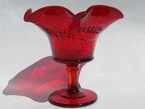 photo of ruby red glass compote bowl w/ strawberry pattern, vintage Fenton? #2