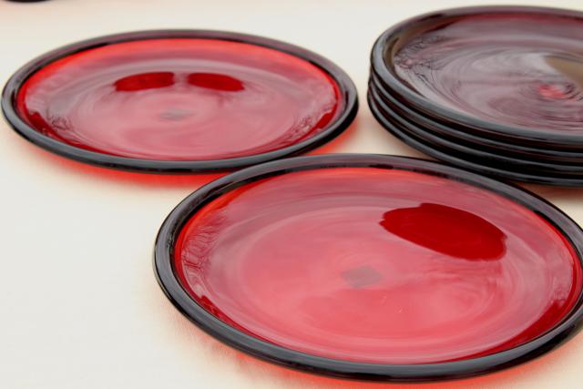 photo of ruby red glass dinner buffet plates, Arcoroc Cocoon pattern w/ Crate & Barrel label #5