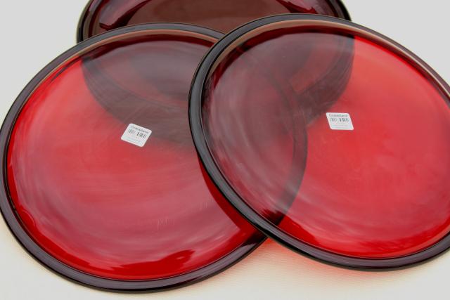 photo of ruby red glass dinner buffet plates, Arcoroc Cocoon pattern w/ Crate & Barrel label #6