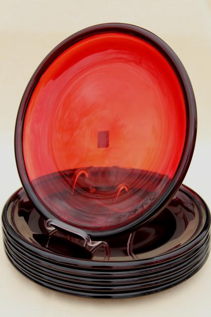 photo of ruby red glass dinner buffet plates, Arcoroc Cocoon pattern w/ Crate & Barrel label #7