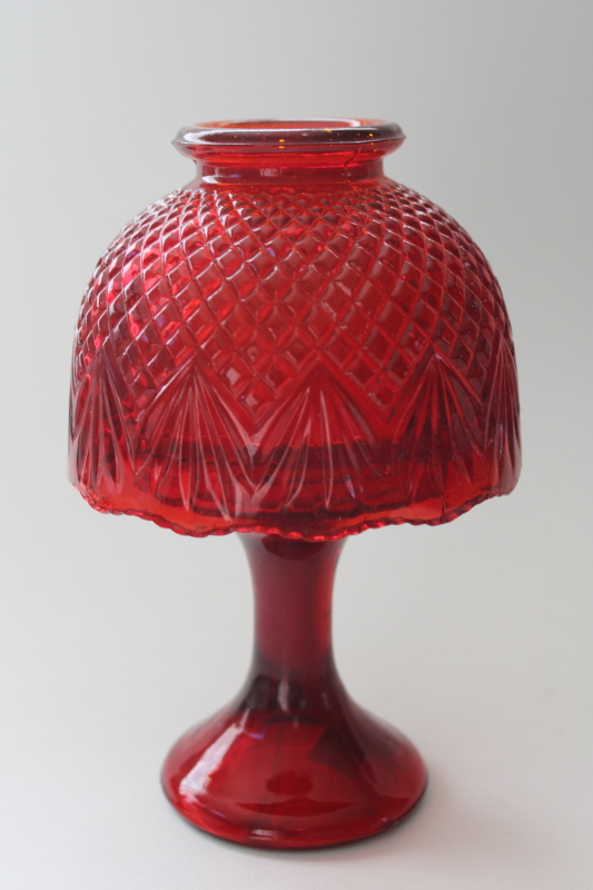 photo of ruby red glass fairy light lamp shade candle holder, L E Smith pineapple pattern Colonial Candle label  #1