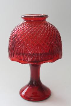 ruby red glass fairy light lamp shade candle holder, L E Smith pineapple pattern Colonial Candle label 