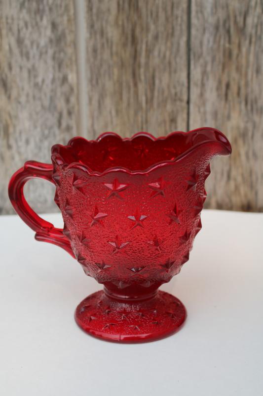 photo of ruby red stippled star pattern pressed glass pitcher, vintage Fenton / LG Wright #1