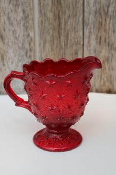 catalog photo of ruby red stippled star pattern pressed glass pitcher, vintage Fenton / LG Wright