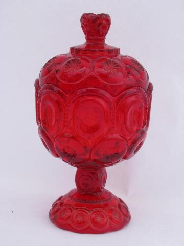 photo of ruby red vintage Moon & Stars pattern glass candy dish, wedding bowl w/ lid #1