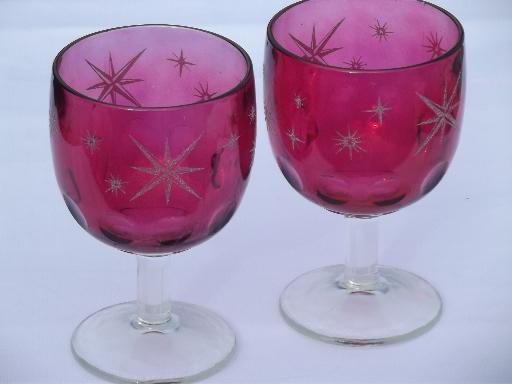 photo of ruby stain or flash glass Hoffman House glasses, big vintage goblets #1