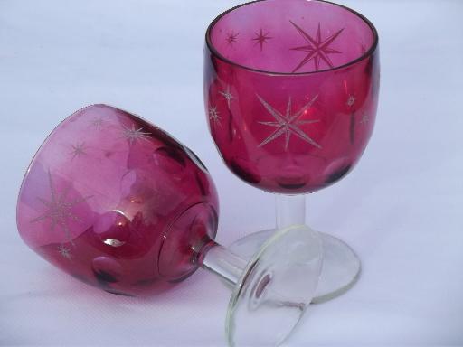 photo of ruby stain or flash glass Hoffman House glasses, big vintage goblets #2