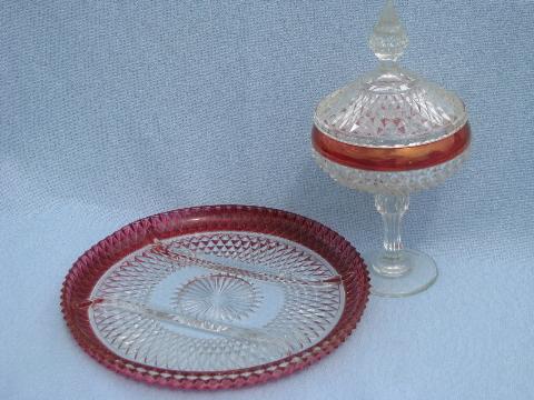 photo of ruby stain red flash diamond point pattern glass, tray & candy dish #1