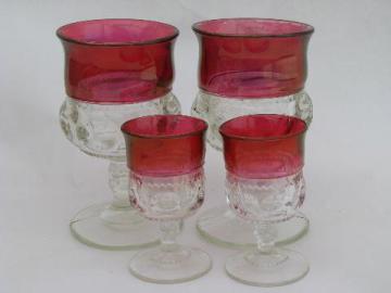 catalog photo of ruby stain vintage king's crown pattern stemware glasses, flashed color glass
