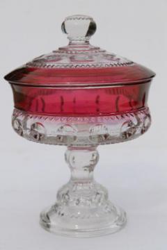 catalog photo of ruby stained glass King's Crown pattern candy dish, vintage Indiana glass