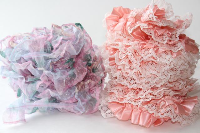 photo of ruffled craft trims lot, vintage sewing or hoop edging fabric ruffles w/ lace trim #8