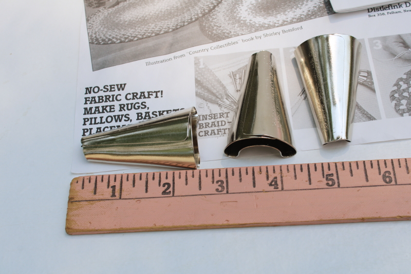 photo of rug braiding book w/ rug strip making tools, large metal cones to fold fabric strips  #2