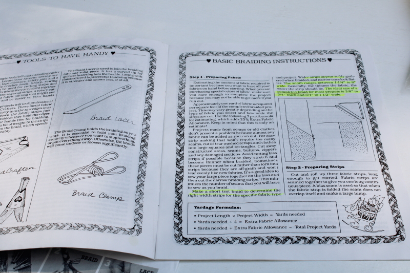 photo of rug braiding book w/ rug strip making tools, large metal cones to fold fabric strips  #3
