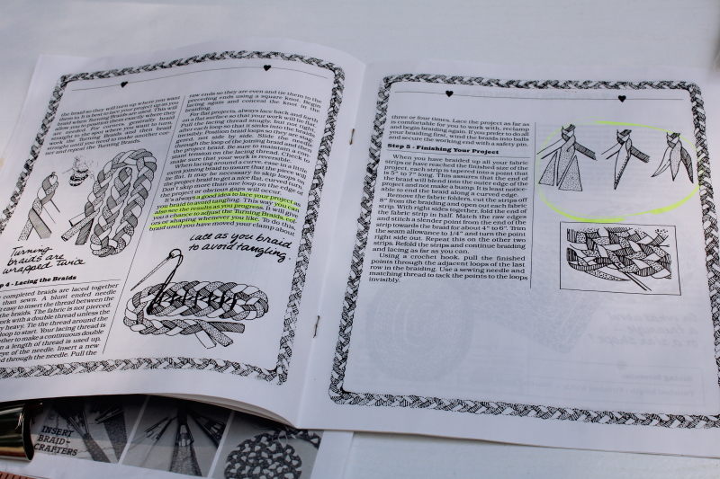 photo of rug braiding book w/ rug strip making tools, large metal cones to fold fabric strips  #4