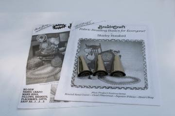 catalog photo of rug braiding book w/ rug strip making tools, large metal cones to fold fabric strips 