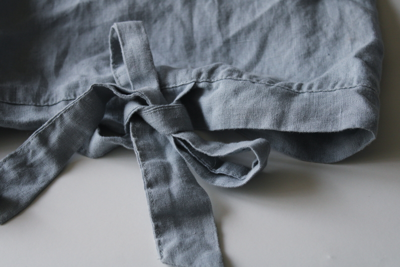 photo of rumpled washed linen pillowcase w/ ties, pure linen fabric soft chambray blue color #2