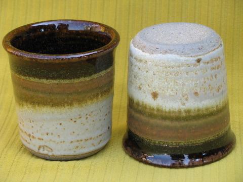 photo of rustic 70s retro stoneware pottery pitcher and tumblers, brown band drip #4