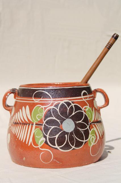 photo of rustic Mexican terracotta pottery pot & hand carved wood chocolate stirrer whisk #1