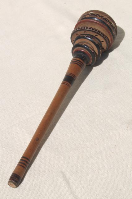 photo of rustic Mexican terracotta pottery pot & hand carved wood chocolate stirrer whisk #2