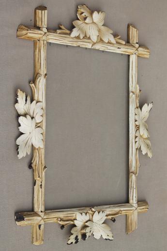 photo of rustic antique Adirondack carved wood picture frame, Eastlake twig & leaf frame w/ shabby paint #1