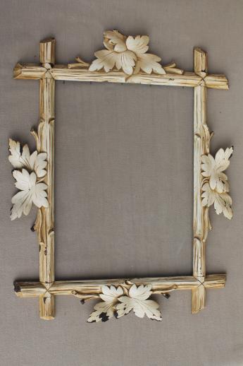 photo of rustic antique Adirondack carved wood picture frame, Eastlake twig & leaf frame w/ shabby paint #2