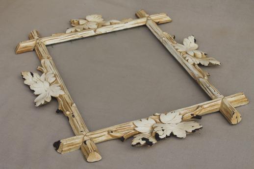 photo of rustic antique Adirondack carved wood picture frame, Eastlake twig & leaf frame w/ shabby paint #6