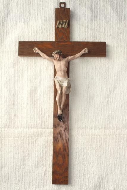 photo of rustic antique Crucifix, old oak wood cross w/ shabby beautiful plaster Jesus figure #1