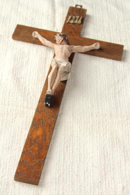 photo of rustic antique Crucifix, old oak wood cross w/ shabby beautiful plaster Jesus figure #2