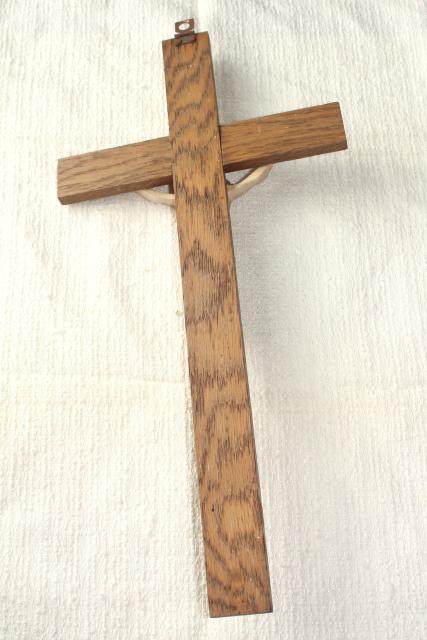 photo of rustic antique Crucifix, old oak wood cross w/ shabby beautiful plaster Jesus figure #3