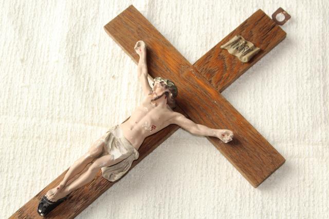 photo of rustic antique Crucifix, old oak wood cross w/ shabby beautiful plaster Jesus figure #4