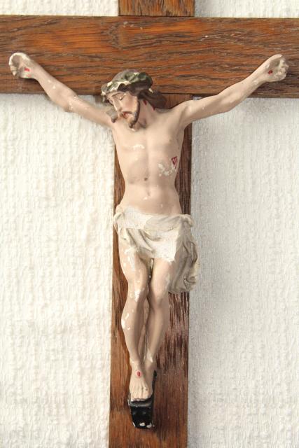 photo of rustic antique Crucifix, old oak wood cross w/ shabby beautiful plaster Jesus figure #5