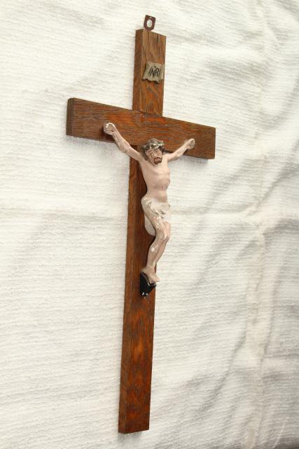 photo of rustic antique Crucifix, old oak wood cross w/ shabby beautiful plaster Jesus figure #6