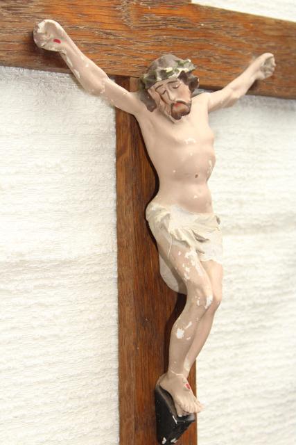 photo of rustic antique Crucifix, old oak wood cross w/ shabby beautiful plaster Jesus figure #7