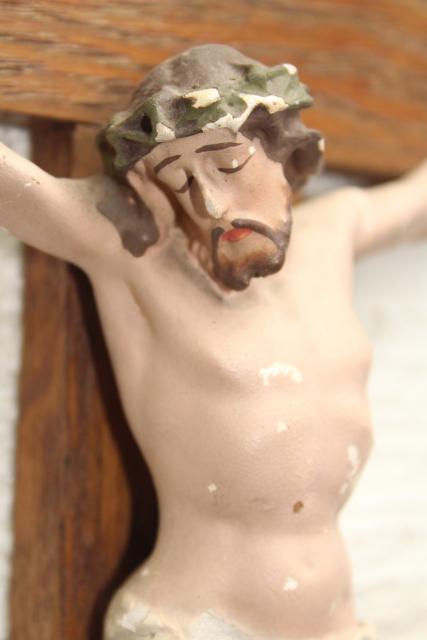 photo of rustic antique Crucifix, old oak wood cross w/ shabby beautiful plaster Jesus figure #8