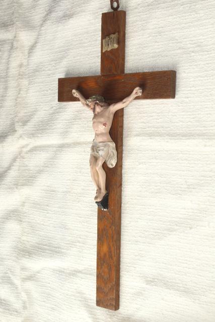 photo of rustic antique Crucifix, old oak wood cross w/ shabby beautiful plaster Jesus figure #9