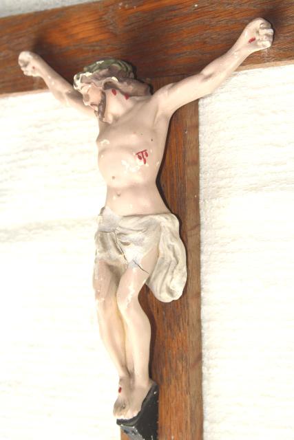 photo of rustic antique Crucifix, old oak wood cross w/ shabby beautiful plaster Jesus figure #11