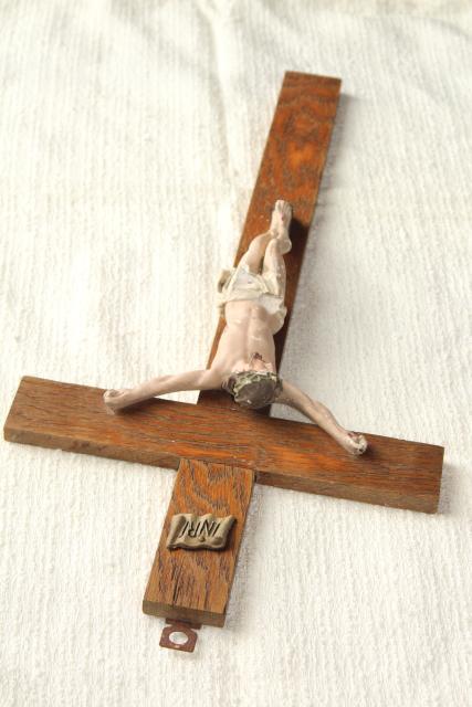 photo of rustic antique Crucifix, old oak wood cross w/ shabby beautiful plaster Jesus figure #12