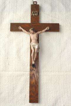 catalog photo of rustic antique Crucifix, old oak wood cross w/ shabby beautiful plaster Jesus figure