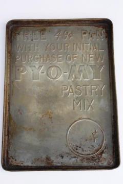 catalog photo of rustic antique baking pan, vintage 49 cent store sign Py-O-My premium bread tray