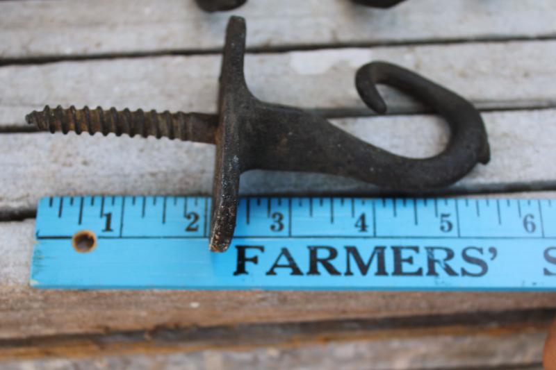 photo of rustic antique iron hooks, curved pigtail shape primitive barn pulley rope hanger #3