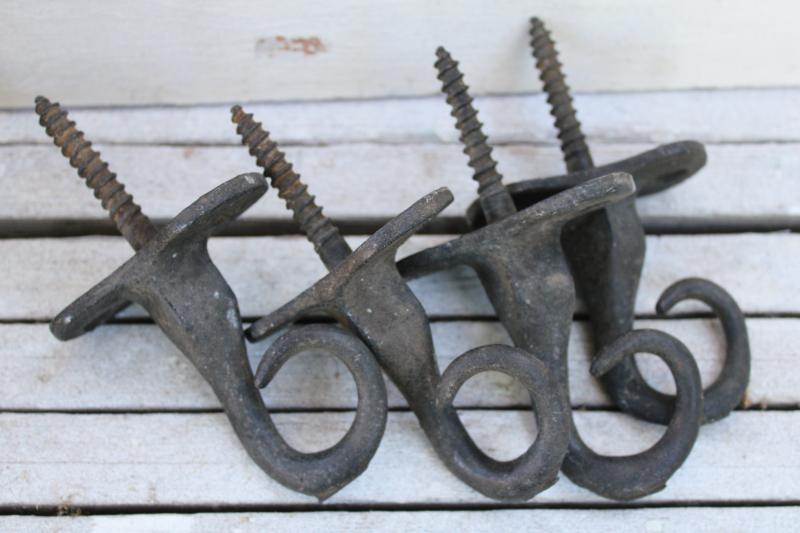 photo of rustic antique iron hooks, curved pigtail shape primitive barn pulley rope hanger #7